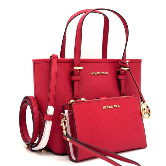 Michael Kors Jet Set Travel Extra-Small Top Zip Tote Bag & Double Zip Wallet Red - Picture 3 of 12